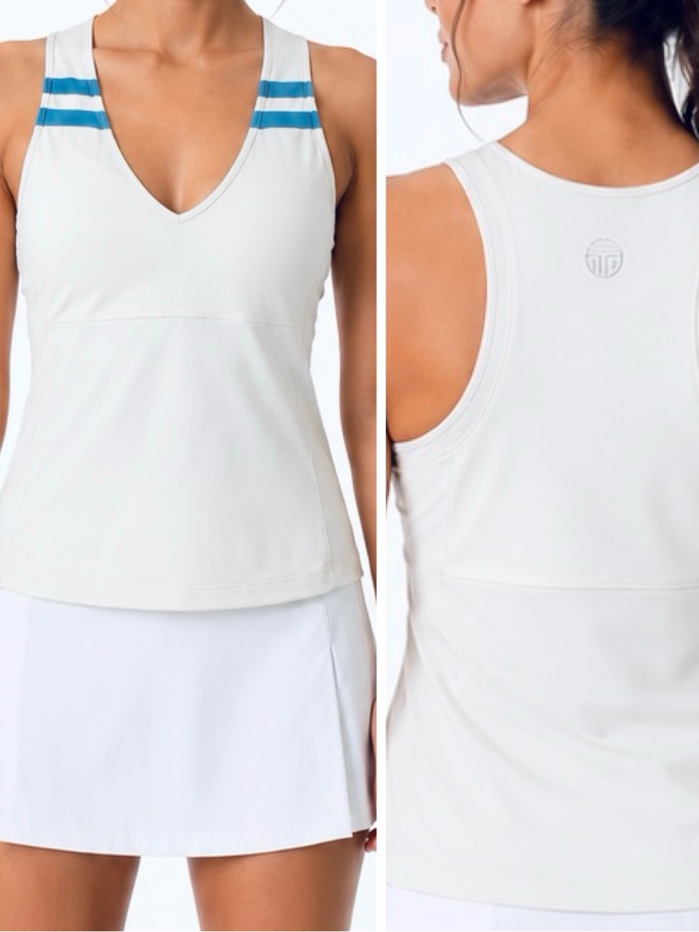 TORY BURCH V-Neck White Tennis Tank Top w Blue Stripes + Built-in Shelf Bra